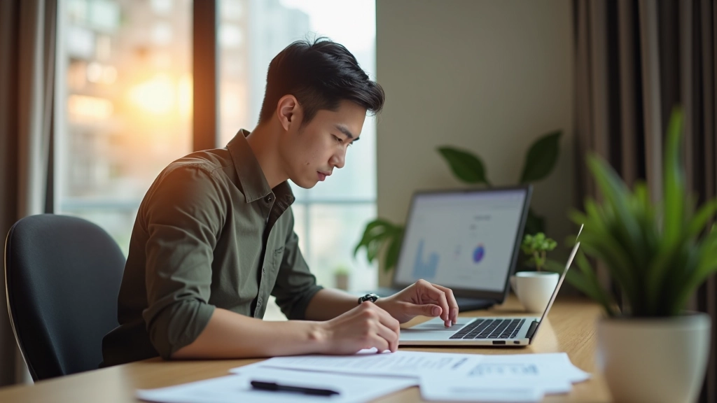 Freelancer working at organized home office with financial planning documents