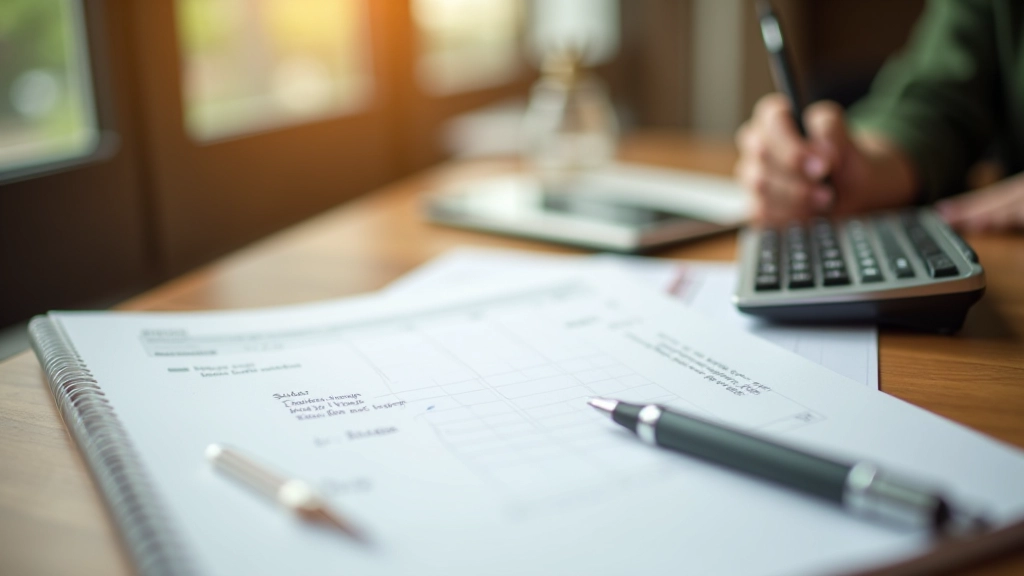 Open notebook with handwritten financial notes and calculator on desk with morning light