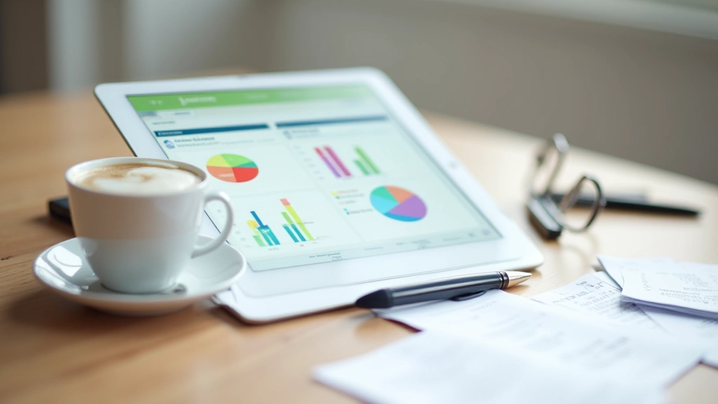 Freelancer reviewing expense tracker on tablet with organized receipts, modern apartment setting