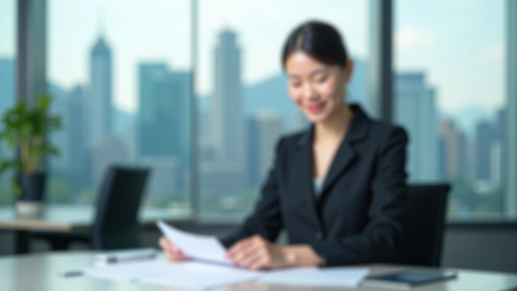 Professional sitting at desk reviewing documents with Hong Kong skyline visible through window