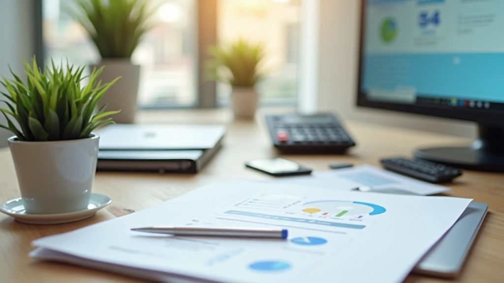 Organized workspace with business accounts setup on computer screen, clean desk, Hong Kong office view